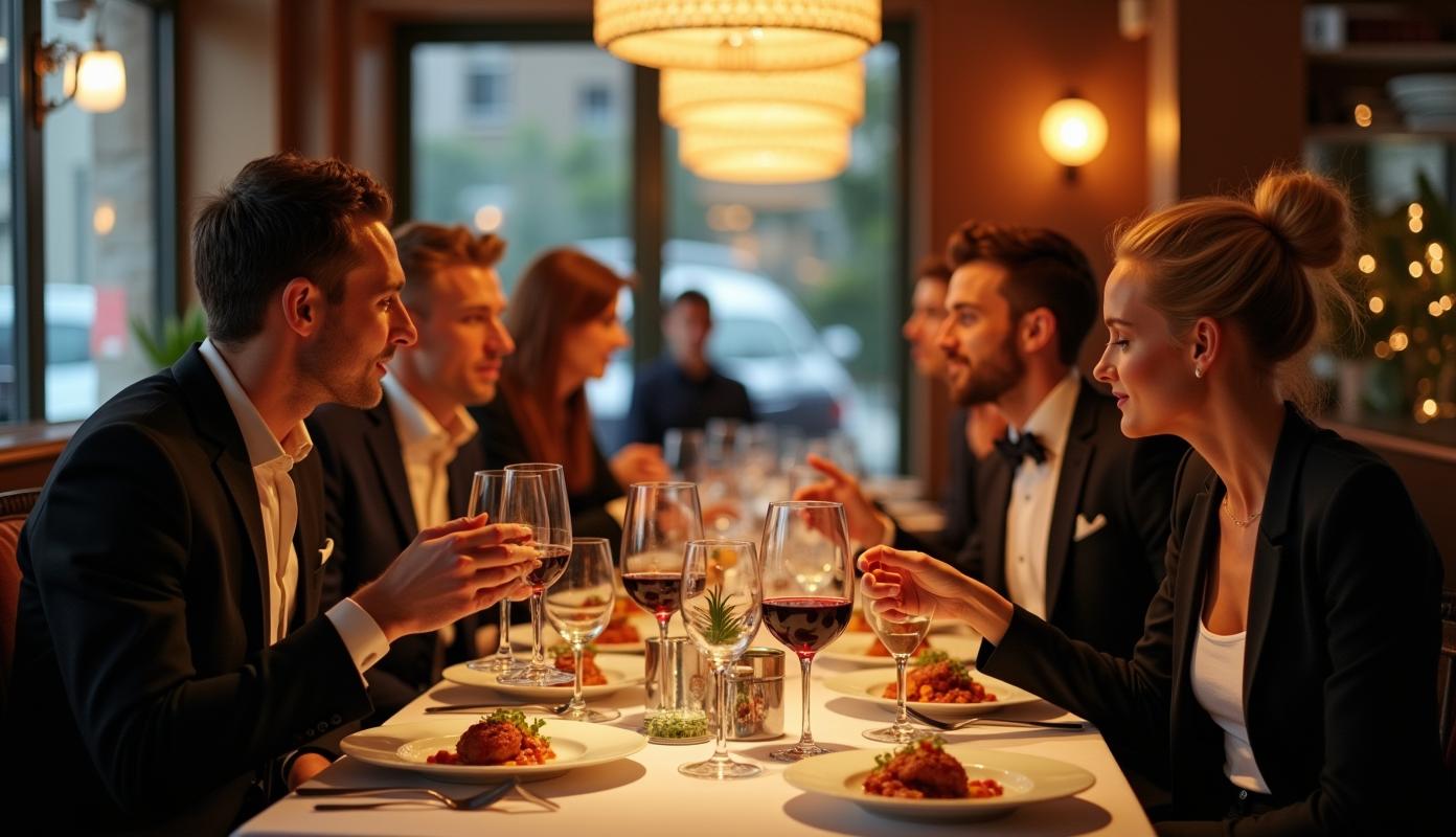 Billedet viser en elegant anrettet tallerken med gourmetmad, der præsenterer luksuriøse ingredienser i en kunstnerisk opstilling. Farverne er levende, og præsentationen er raffineret, hvilket fremhæver en gastronomisk oplevelse.