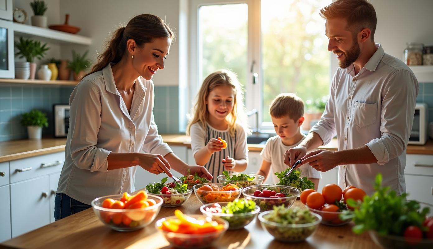 Ernæringsekspert og familie i køkken